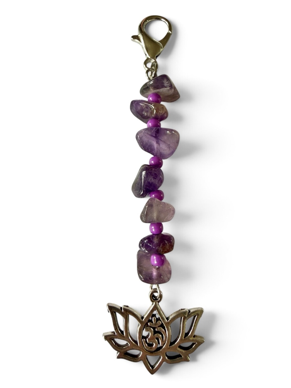 Handmade Amethyst Keychain/Bag Charm with Silver‑Tone Lotus & Om Symbol